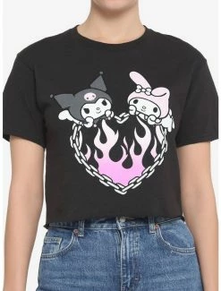 Best Pirce 🥰 My Melody & Kuromi Flame Heart 👧 Girls Crop T-Shirt 😉